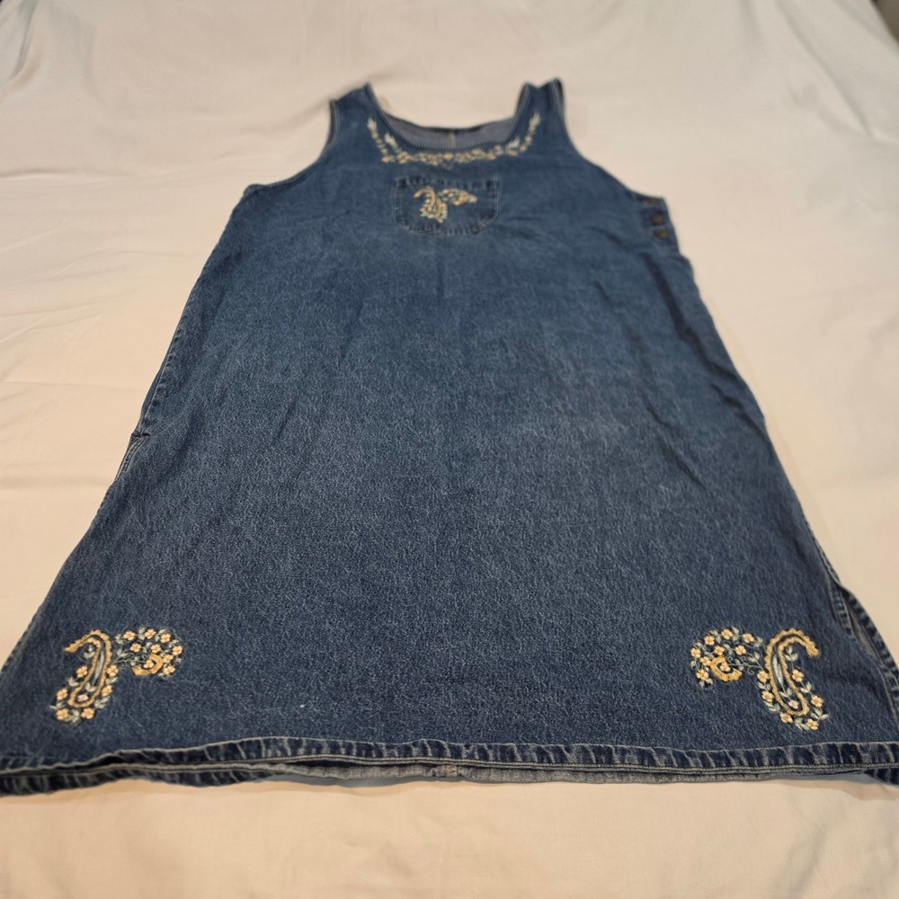 Memphis Blues Denim Jumper Dress Womens Blue Excellent Embroidered Floral